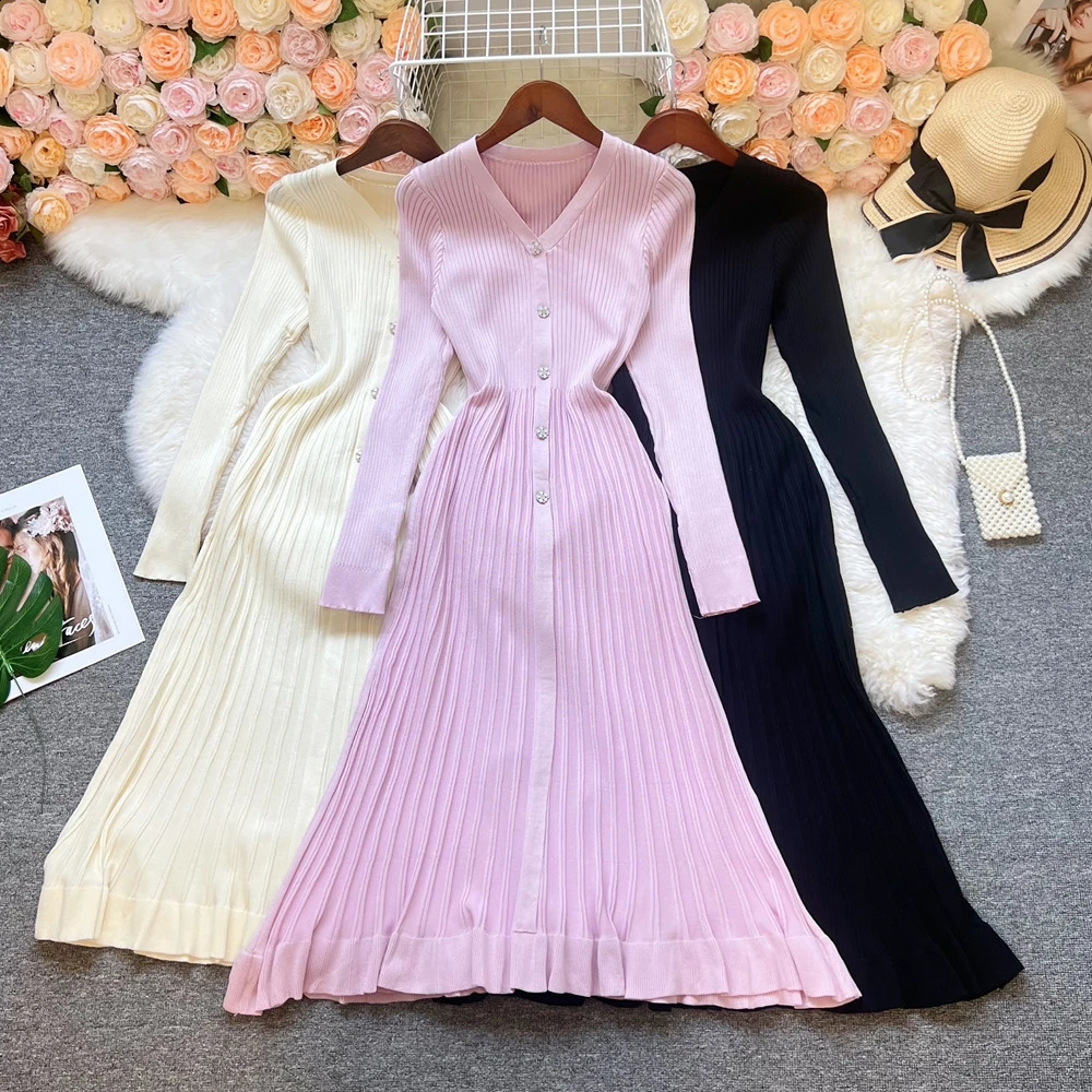 YuooMuoo 2025 Autumn Winter Women Knitted Long Dress Fashion Vneck Slim Waist Pleated Sweater Dress Lady Office Vestidos 251023