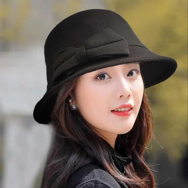 2022 Autumn Winter Fedoras Women Hat Elegant Vintage Bowknot Wool Ladies Hat Dome Felt Wedding Church Jazz Cap Female Bow BowlerL251024