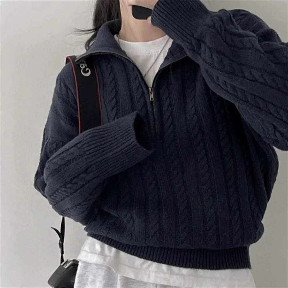 Winter Clothes Women Sweater Casual Tops Loose Knitwear Vintage Half Zipper Oversized Sweater Twists Pullovers Female Pullover 251023