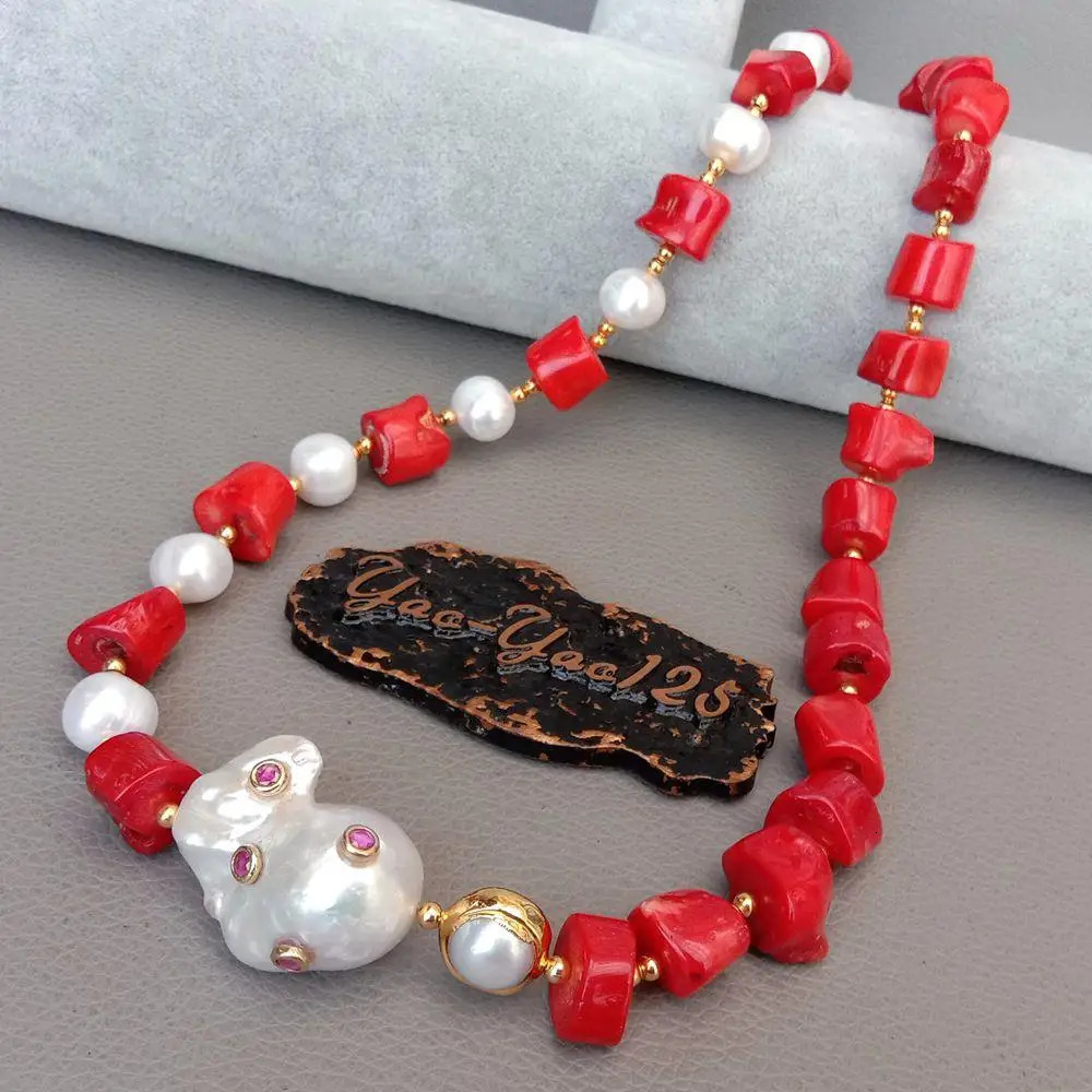 Red Coral White Pearl Necklace White Keshi Pearl Cz pave Pendant 21 251016