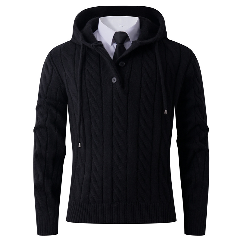 Twisted Ribbed Autumn Winter New Men's Casual Simple Pullover Men's European and American Fashion Button Hooded Knit Sweater