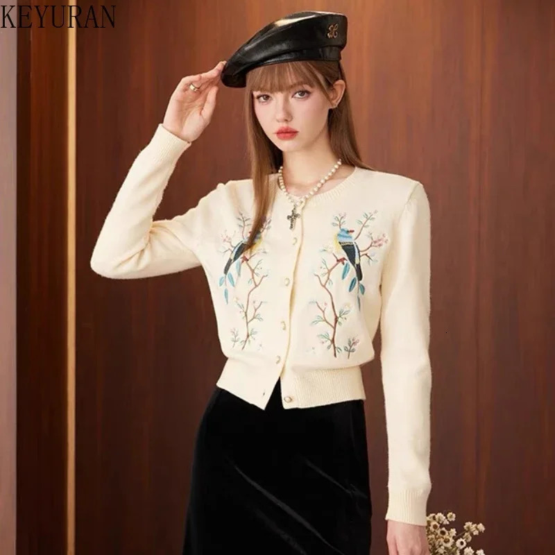 Spring Autumn Flower Bird Embroidery Knitted Cardigan Women Vintage ONeck Long Sleeve Sweater Mujer Knitwear Tops Jumper 251021