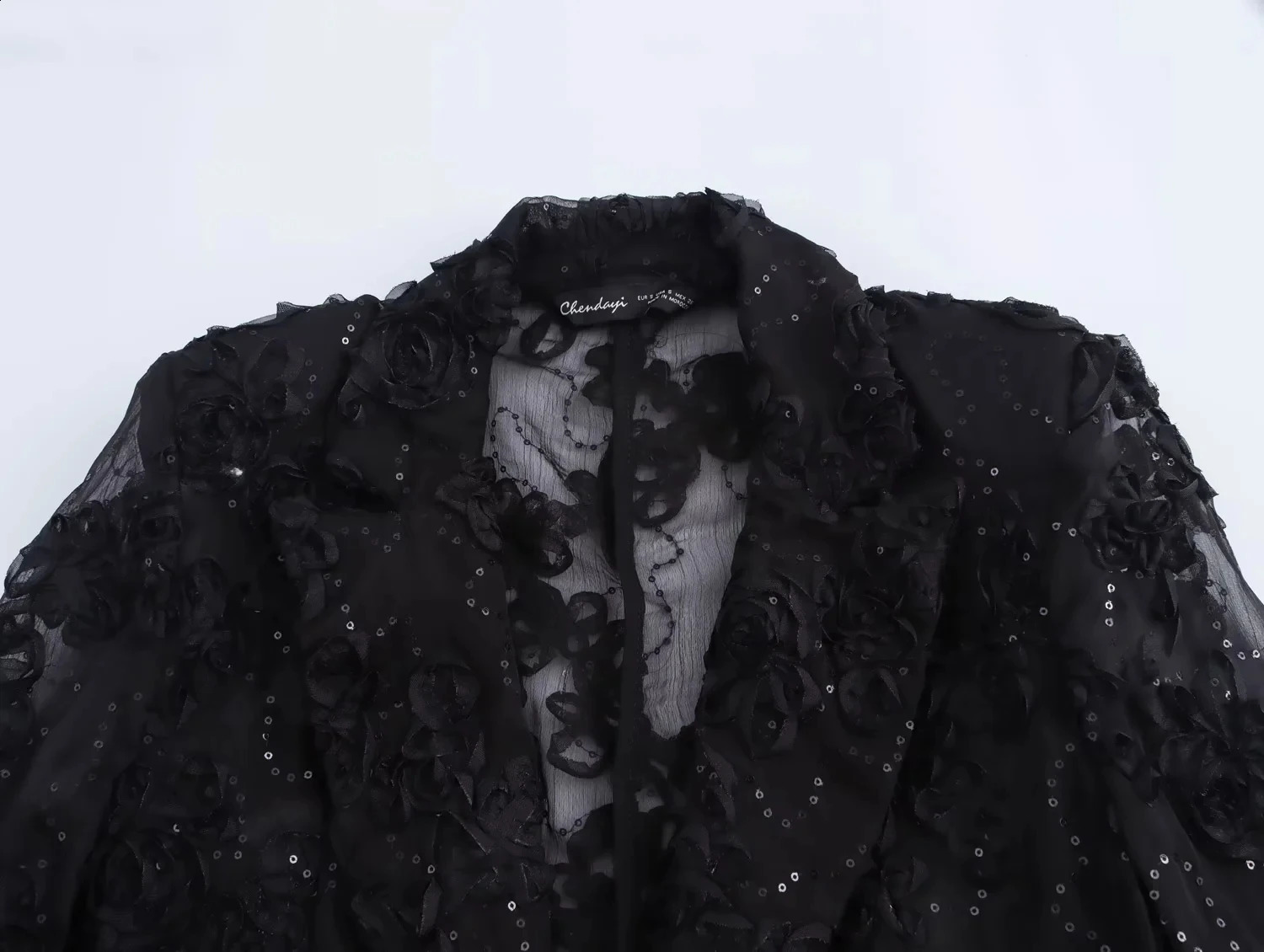 Women Elegant Sets Solid Color Sequin Decorative Semi Transparent Pants Set Flower Texture Blazer Top Set Lady 2 Piece 251023