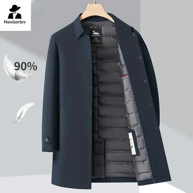 Luxury Brand Long Down Jacket Mens Winter Casual Thick Flip Collar White Duck Down Warm Parka Business Lightweight Trench Coat Z251024