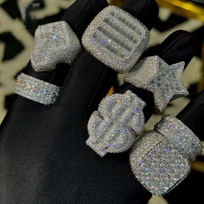 Classic Custom Baguette Star Hip Hop Style Ring Iced Out VVS Moissanite Dia Jewelry Sterling Sier Rings Men Women