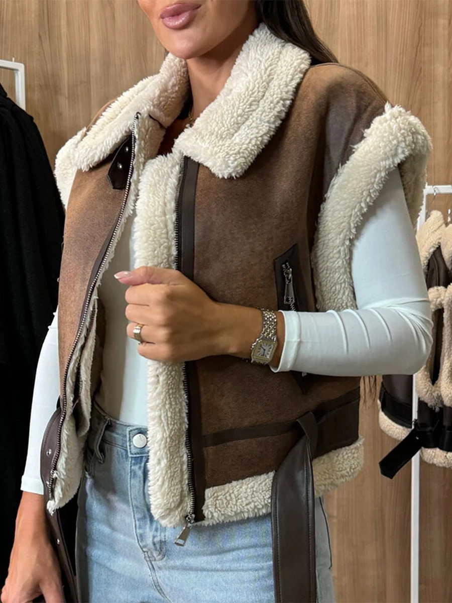 Women Leather Sherpa Vest Fur Collar Sleeveless Zipper Faux Suede Shearling Vest Biker Moto Jacket Winter Warm Outerwear 251018
