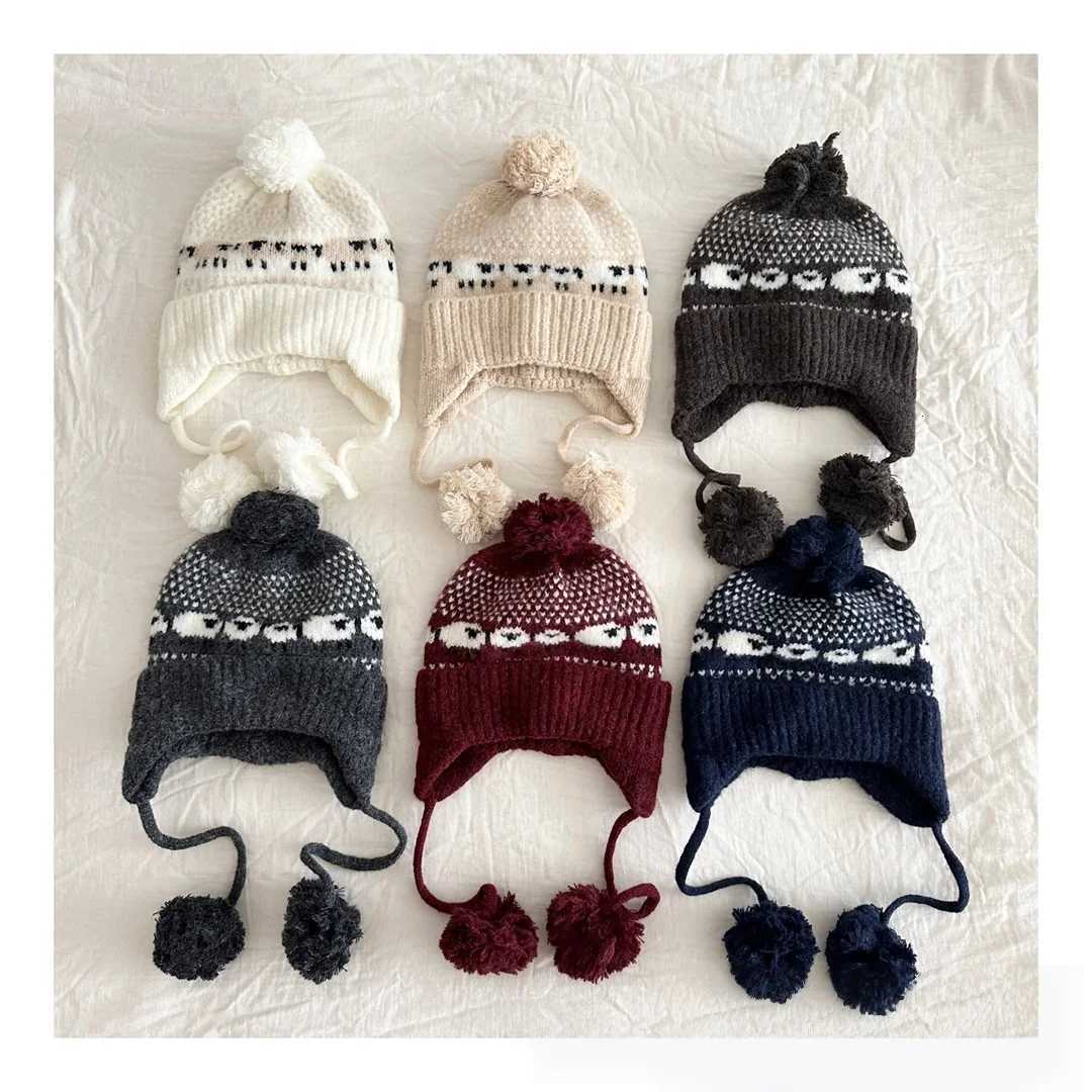 Kids Knit Baby Hat Winter Beanie with Earflaps Pom Poms Warm Autumn Winter Childrens Knitted HeadwearL251024