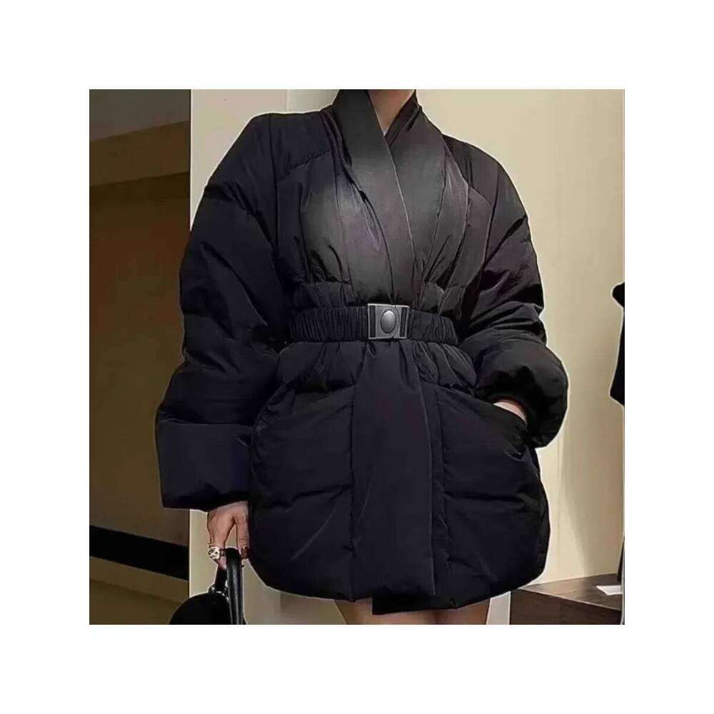2025 Solid Spliced Belt Loose Jackets For Women V Neck Long Sleeve Temperament Parkas Female Fashion Style