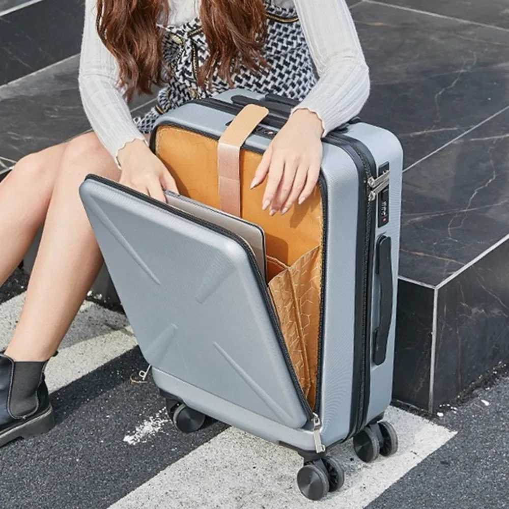 Suitcases Fashion Front Back Open Rolling Luggage Laptop Bag Sipnner 4 Wheels ABSPC Women Travel Men Cabin Carryon Trolley BoxW251024