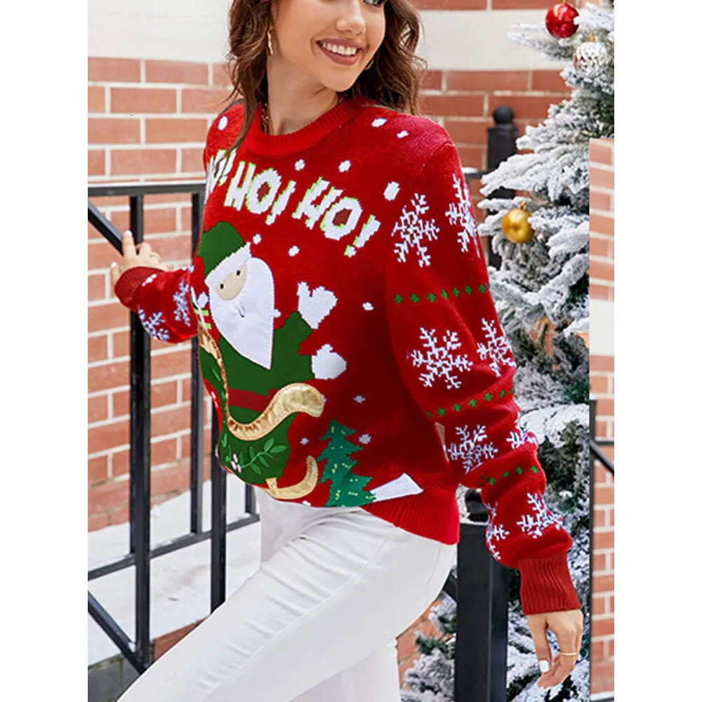 2025 Autumn Winter O Neck Knitted Sweater Women Casual Christmas Patchwork Pullover Ladies Long Sleeve Loose Jumper