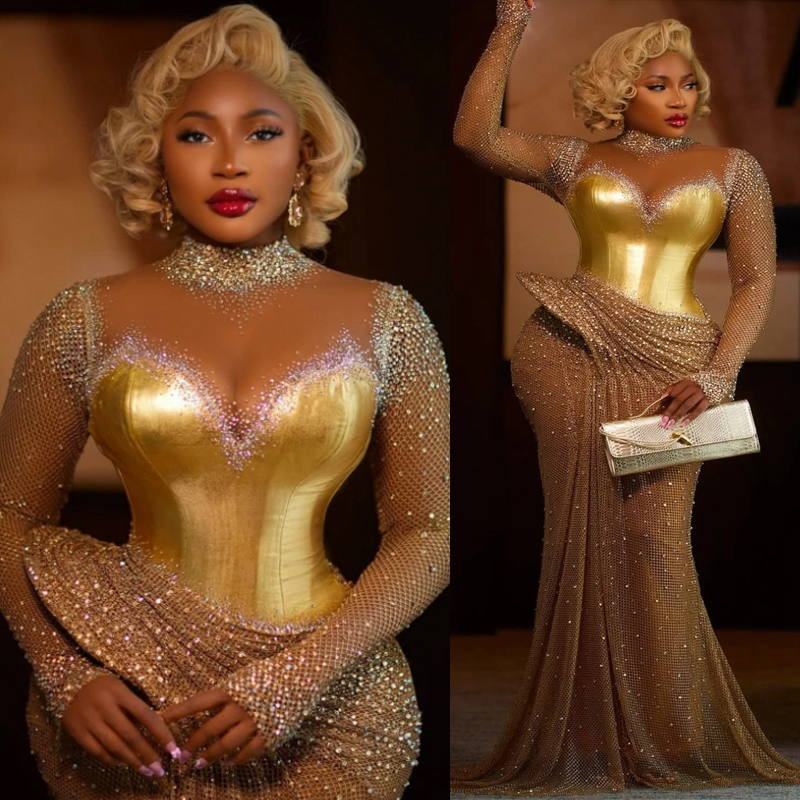 2026 Plus Size Gold Aso Ebi Prom Dress Mermaid Prom Dresses Evening Formal Gowns High Neck Crystals Beaded Lace Birthday Second Reception Gown For Bla