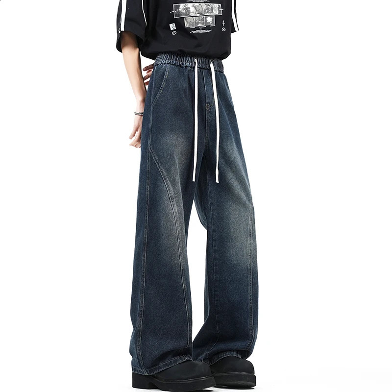 2025 Autumn Wide Leg Jeans Washed High Street 190 Tall Men Elastic Waist 115CM Long Length Loose Comfortable Casual 251018