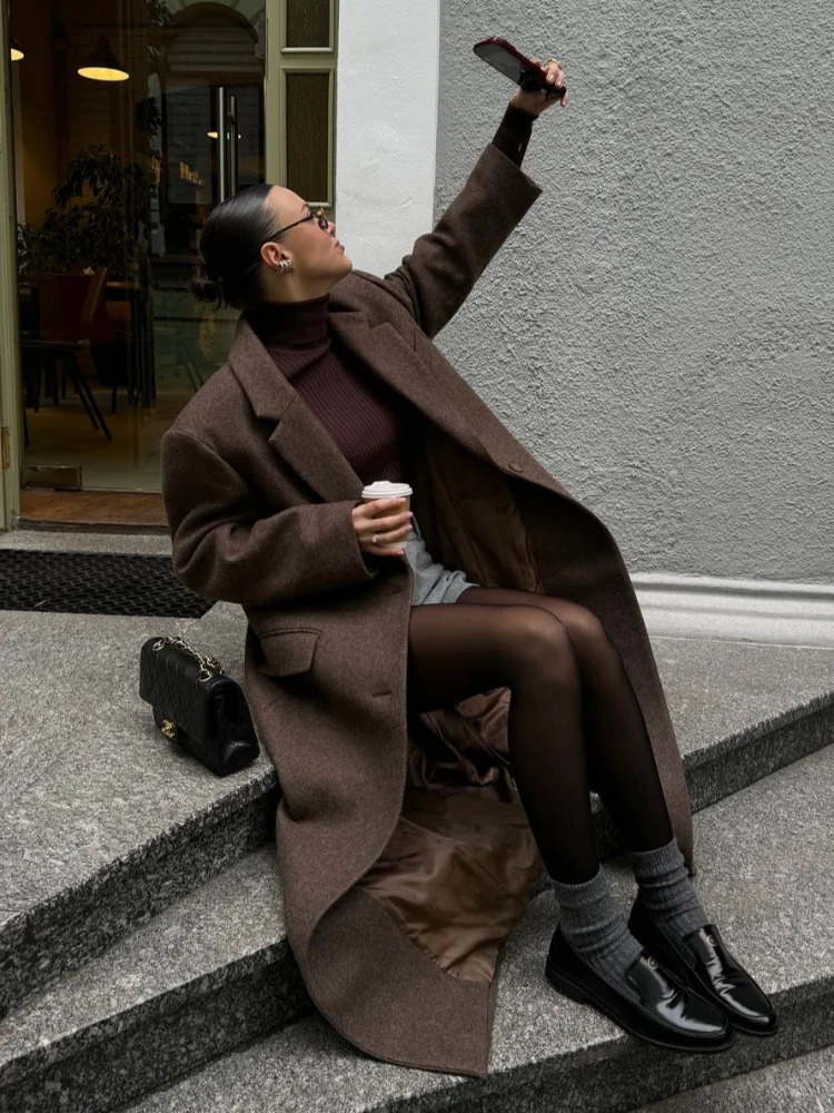 Fashion Shoulder Pad Solid Wool Overcoat Women Elegant Lapel Singlebreasted Long Sleeve Coat Autumn Lady Outwear 251017