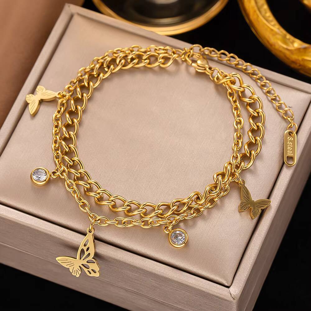 Wholesale Niche Design Cool Double Layer Leaf Butterfly Bracelet Womens Titanium Steel Jewelry