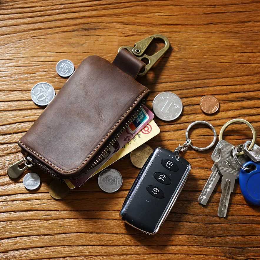 Handmade Leather Car Key Holder Wallet for Men and Coin Pocket Cow Leather Coin Holder Keychain Z251023