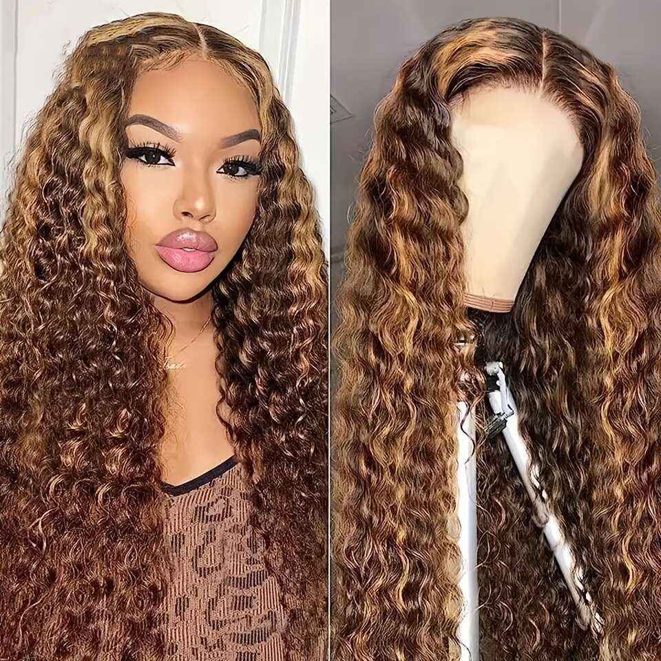 Highlight Water Wave Front Human Hair 13X4 Transparent Frontal Wig for Women Deep Curly Ombre Honey Blonde 4/27 Lace Wigs