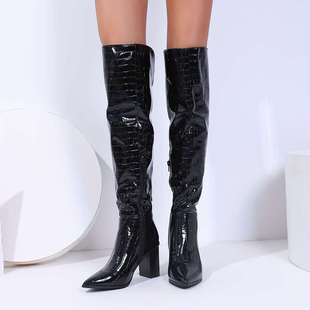 Chic & Trendy Women's Pointed Toe Crocodile Print High Heel - Chunky Heel, Synthetic Cover, Zip Closure, All-Season Dress Footwear, Black Design 