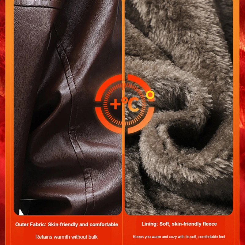 Winter Fleecelined Leather Jacket Men Coat Mens Top Windproof Leisure Mens Streetwear Zipper Retro Moto Biker Jackets 251023