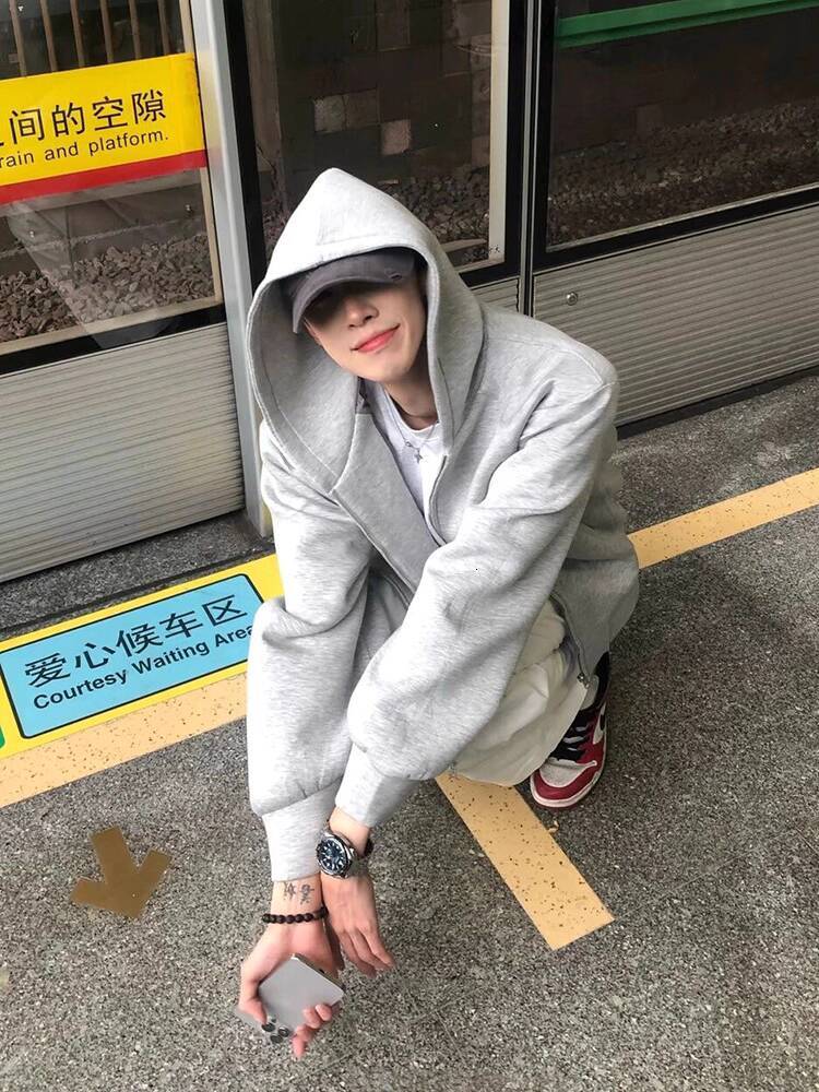 Gray Fleece-lined Cardigan Designer Hoodie Jacket Tracksuit Men Polo Veste Coat Sweatshirt For Men, Spring And Autumn Style, Double-zipper Hooded Jack