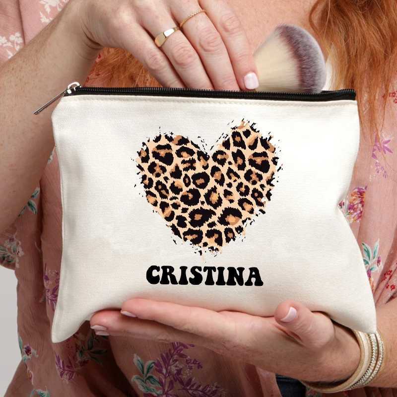 Heart Leopard Pattern Name Customization White Makeup Bag Canvas Wash Bag Organizer Fashion Travel Lipstick Storage Bags WalletT251024