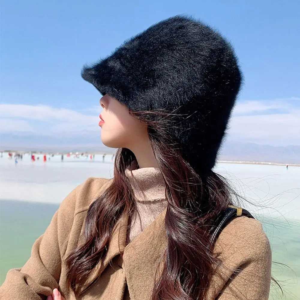 Outdoor Plush Bucket Hat Furry Warm Panama Hat Winter Soft Basin Sun Cap for WomenL251024
