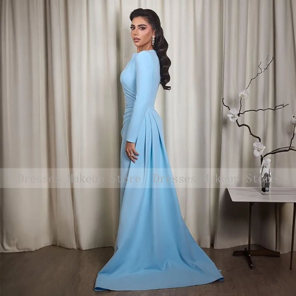 Light Sky Blue Wedding Guest Dress Long Sleeves O Neck Modest Womens Formal Party Gowns Mermaid Draped Trumpet Evening Dresses 251023