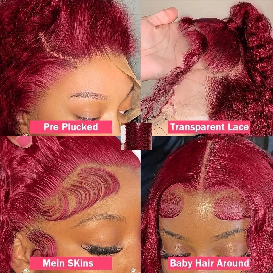 Nw Yar's Spcial Offr 99j Bury 180 Dnsity Lac Front Wigs Pr Pluckd Rd Curly Human Hair Wig 13x6 HD Frontal Glulss Colord Wt And Wavy Loos Watr