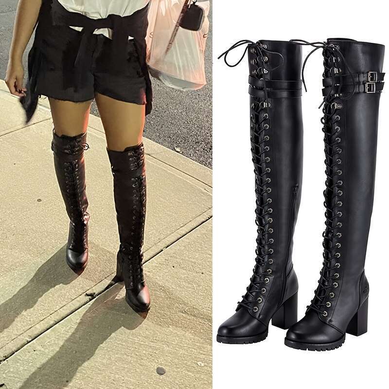 Women's Faux Leather Over The Thigh Boots, Black Lace Up Knee High Chunky Heel, Sexy Biker Boots With Buckle