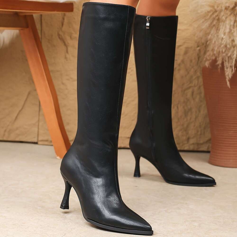 Women's Black Pointed-Toe Boots - Slimming British Style, Side Zipper, Stiletto Heels For Autumn & Winter, Versatile Fashion Performance Footwear