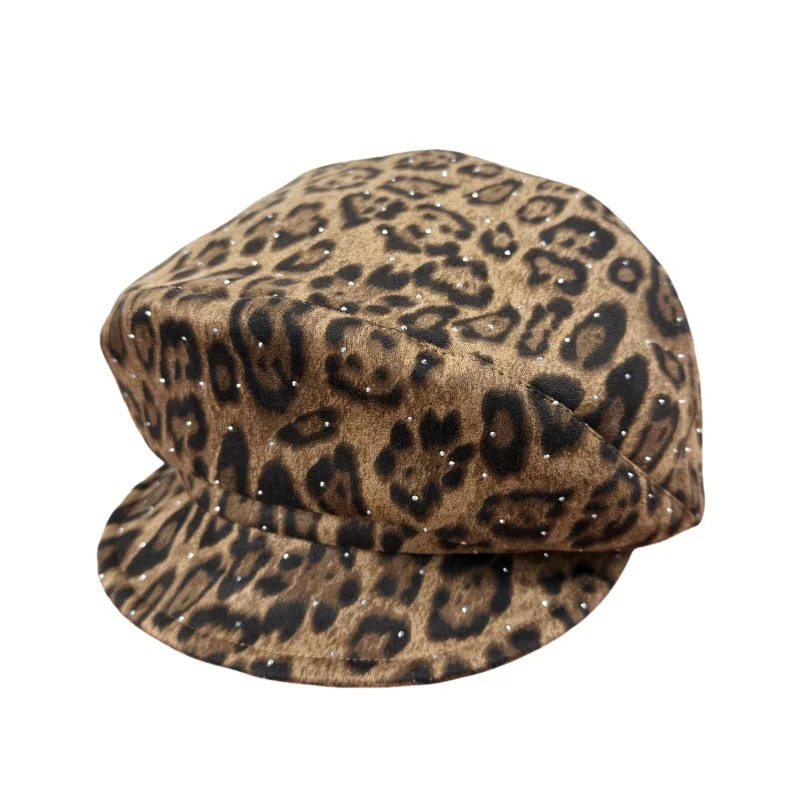 American Retro Leopard Print Rhinestone Personalized Berets Womens Spring and Autumn Trend Y2k Shortbrimmed sboy Caps 251023