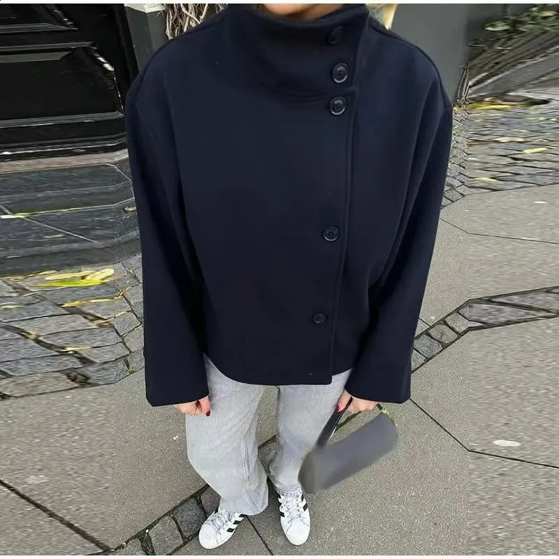 2025 Stand Collar Woolen Jackets Fashion Women Long Sleeve Autumn Winter Loose Coats Casual Solid Office Lady Chic Outwear 251018