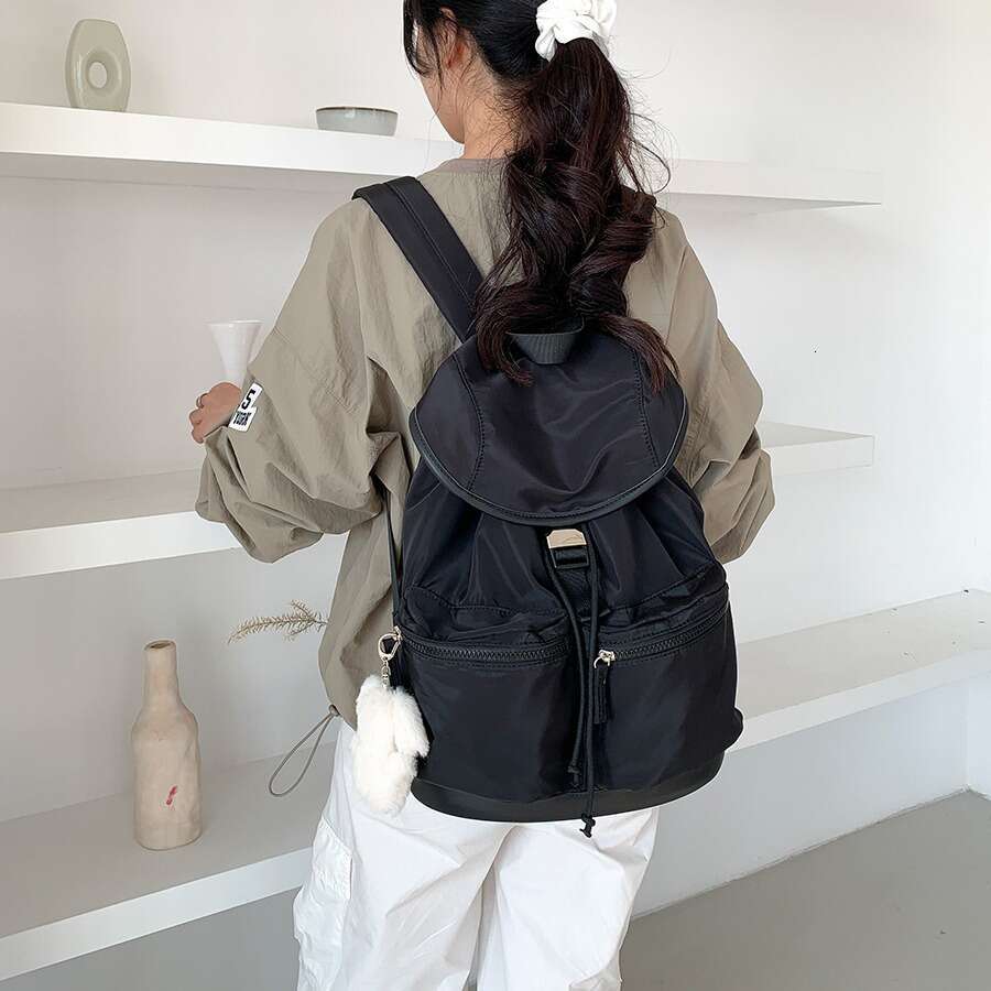 Korean Version New Drawstring Pleated Flap Student Double Shoulder Nylon Niche Large Capacity Backpack For Girls B5