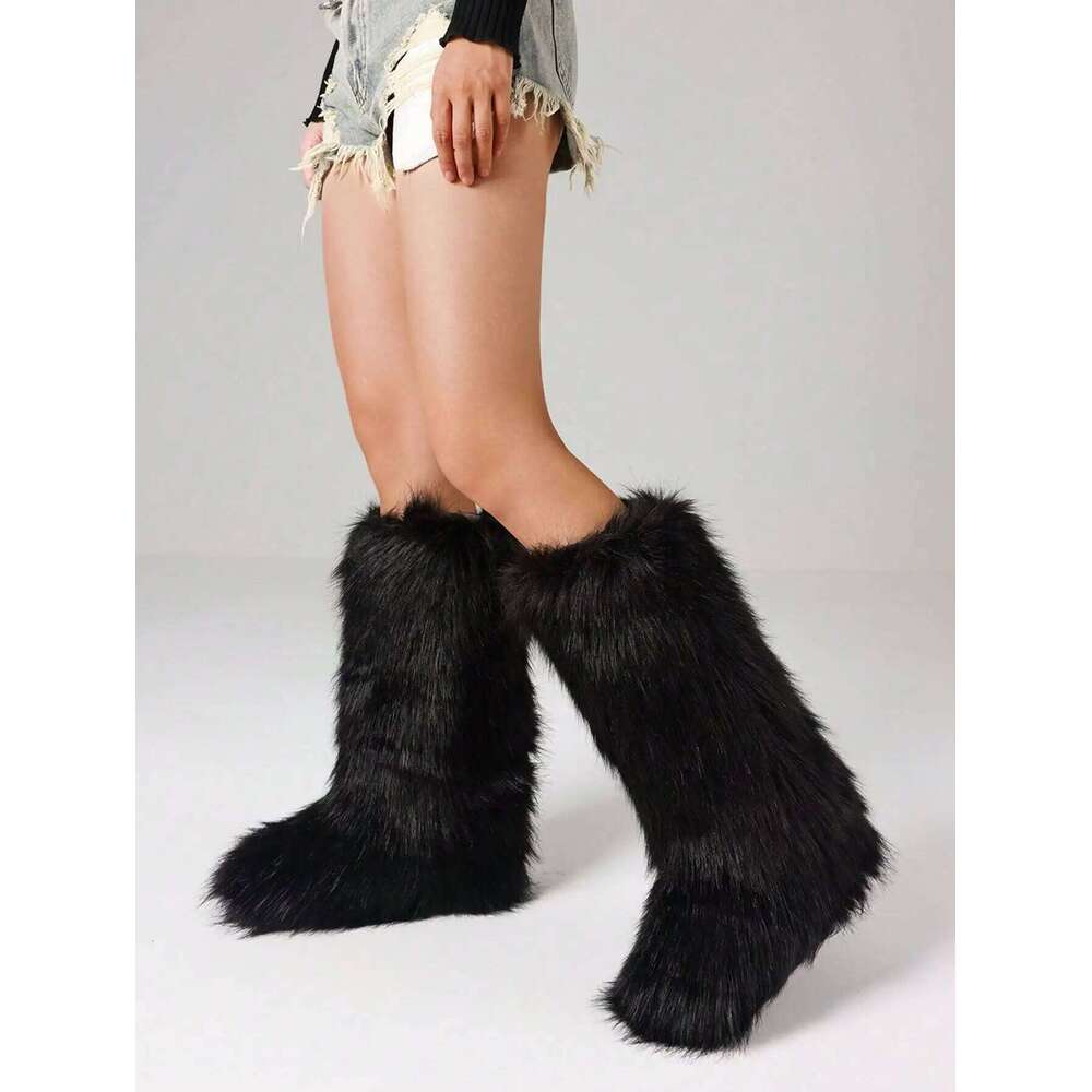 Furry Fluffy Snow Boots Warmplush Knee High Flats Fashion Punk Goth Cosplay Women Winter Shoes