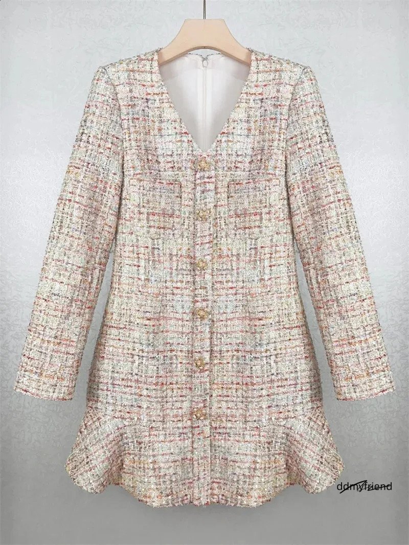 Dresses Women, Women's Tweed Mini - Elegant V-Neck Long Sleeve A-Line Ruffle Hem Short Dress For Autumn Fashion Ddmyfriend