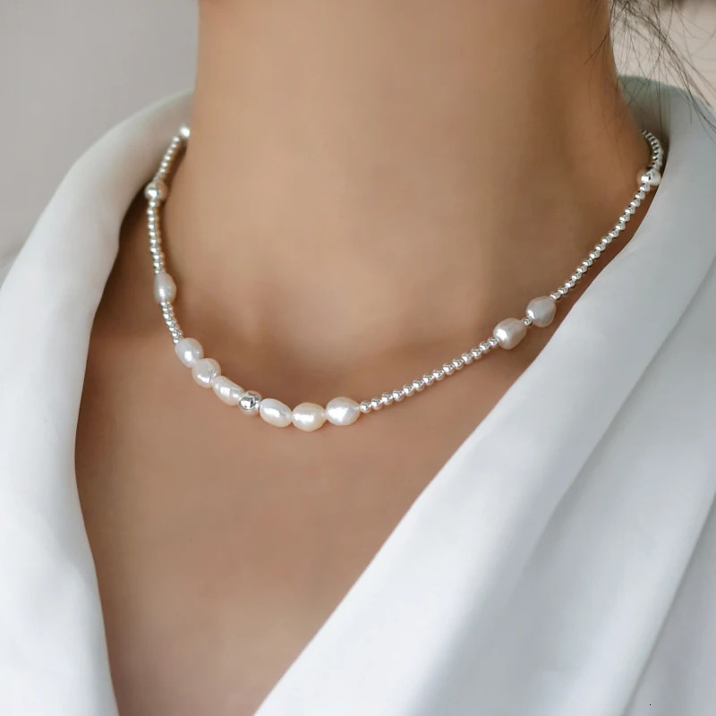 ASHIQI Natural Baroque Pearl Choker Necklace 925 Sterling Silver Jewelry for Women Trend 251016