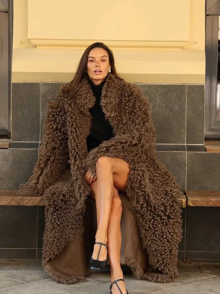 Women Solid Lamb Fur Long Coat Elegant Fashion Lapel Full Sleeve Warm Coats Lady Chic High Street Casual Winter Outerwear 2025 H251024