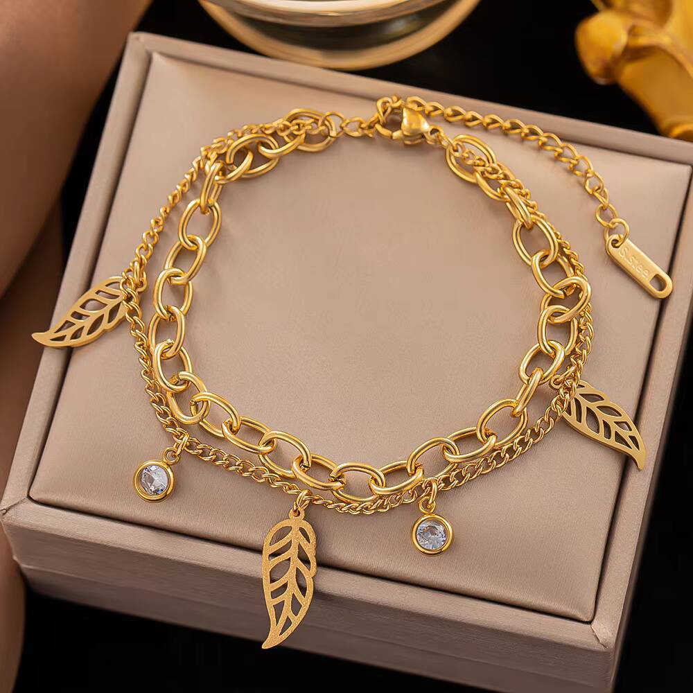 Wholesale Niche Design Cool Double Layer Leaf Butterfly Bracelet Womens Titanium Steel Jewelry