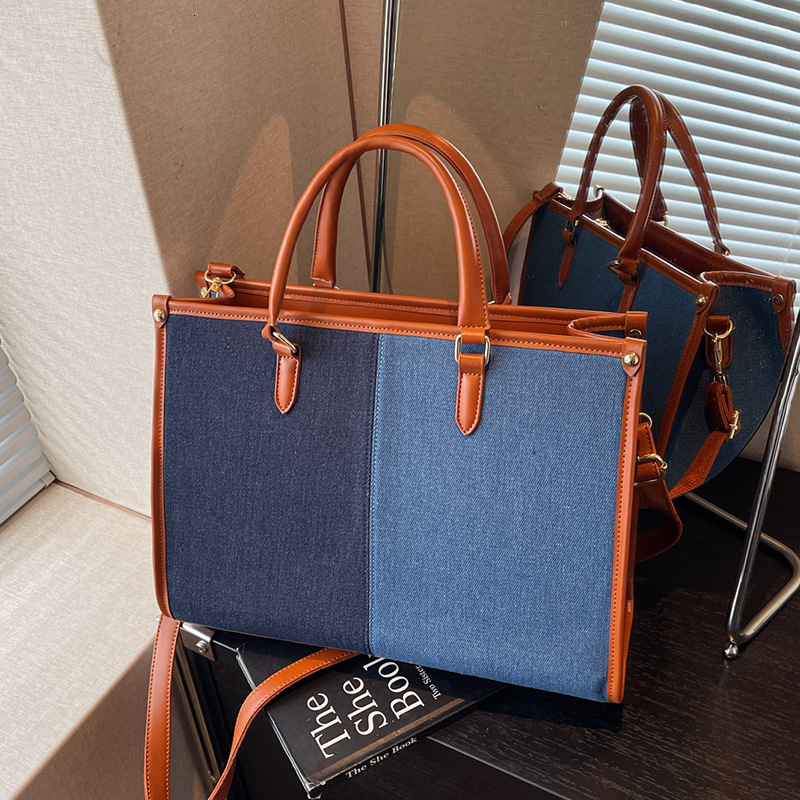 New autumn and winter women's large capacity shoulder bag new color blocked denim luxury handbag versatile commuting bag simple casual tote bag