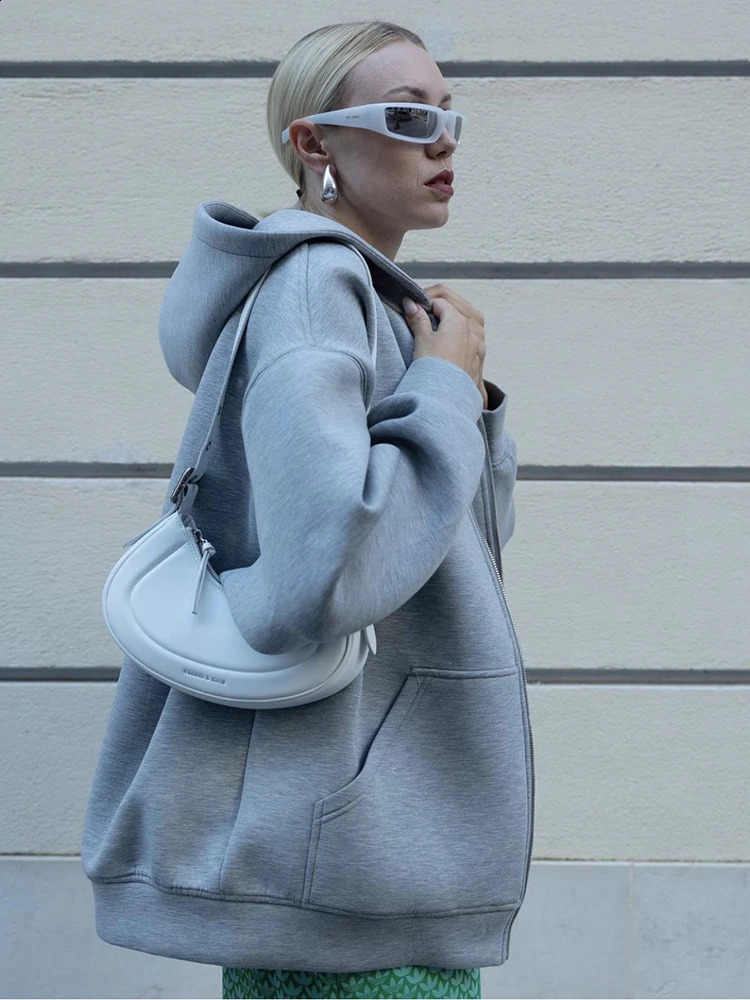 Womens Fashion Warm Hooded Jacket Fall and Winter Gray Long Sleeve Pocket Zipper Casual Women 251018