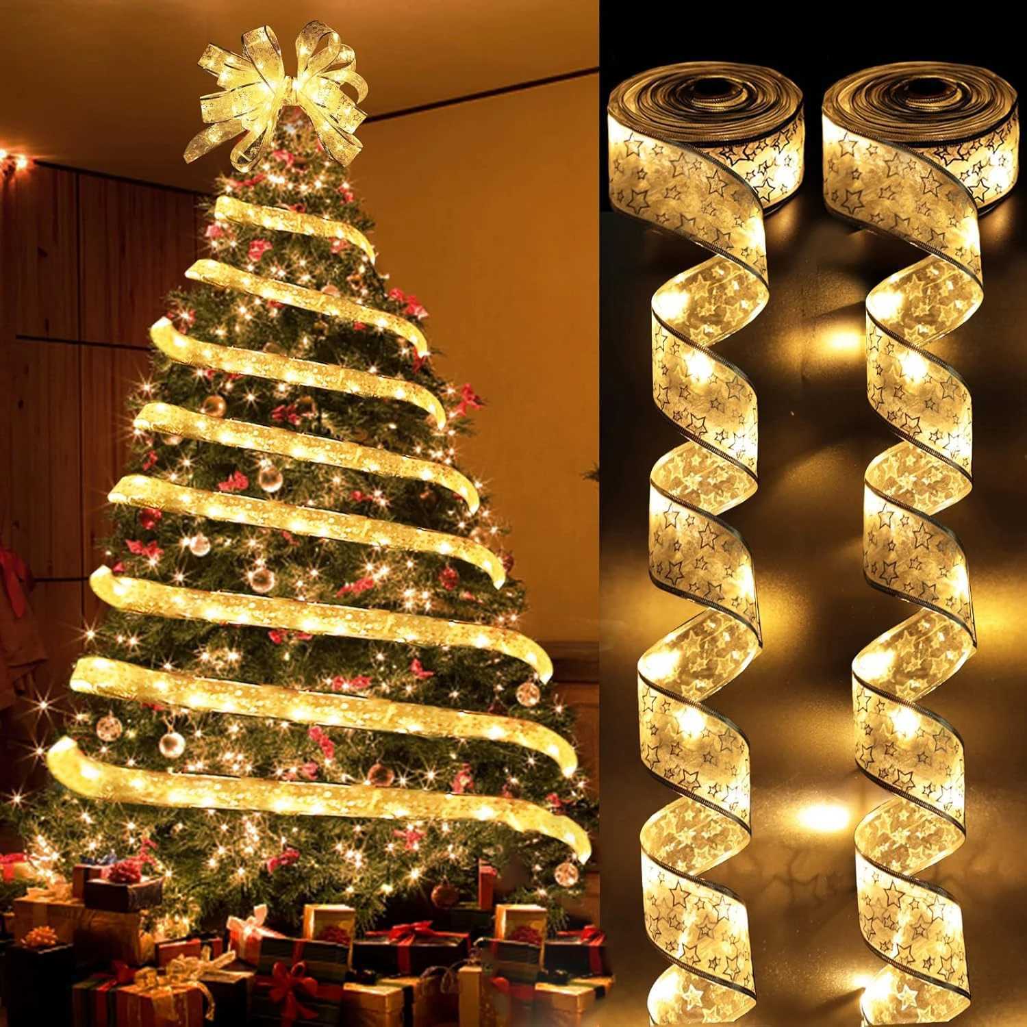 Christmas Ribbon Fairy Light Christmas Decoration DIY Bows String Light Tree Ornaments For Home 2025 Xmas Decor New Year Navidad C251024