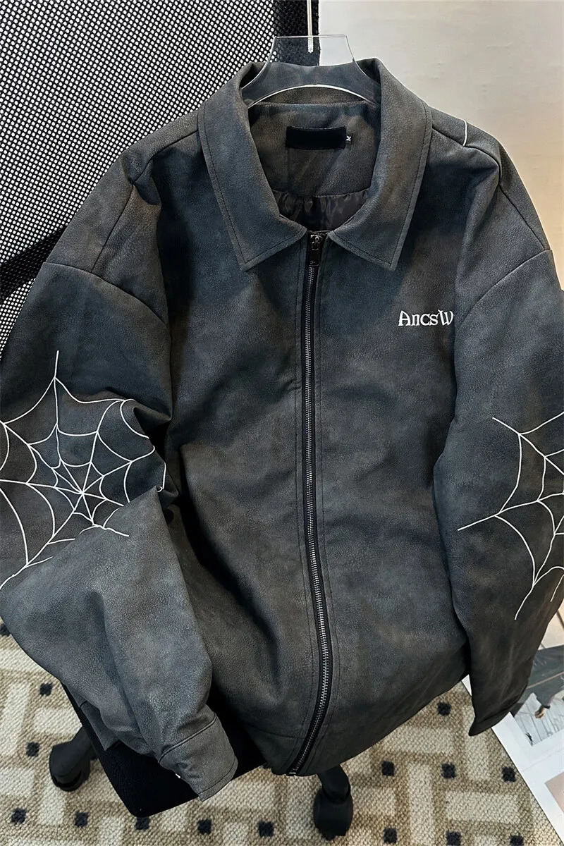 Europe United States high Street Spider Embroidery PU Leather Jacket Mens Wash to do Fashion Trend Coat 251016
