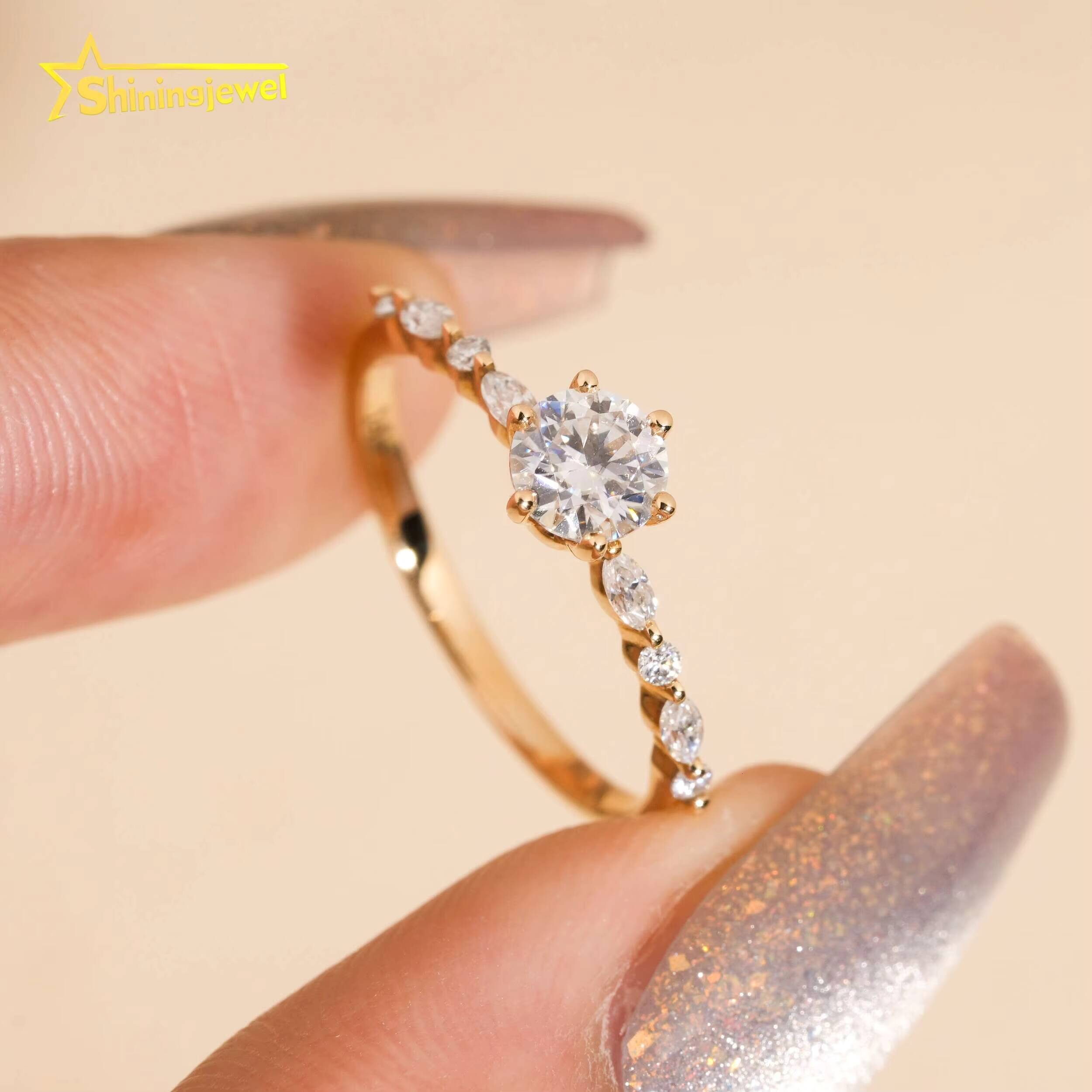 14K Solid Gold Fashion Women Ring Round Cut Moissanite Engagement Rings for Women Pass Diamond Tester