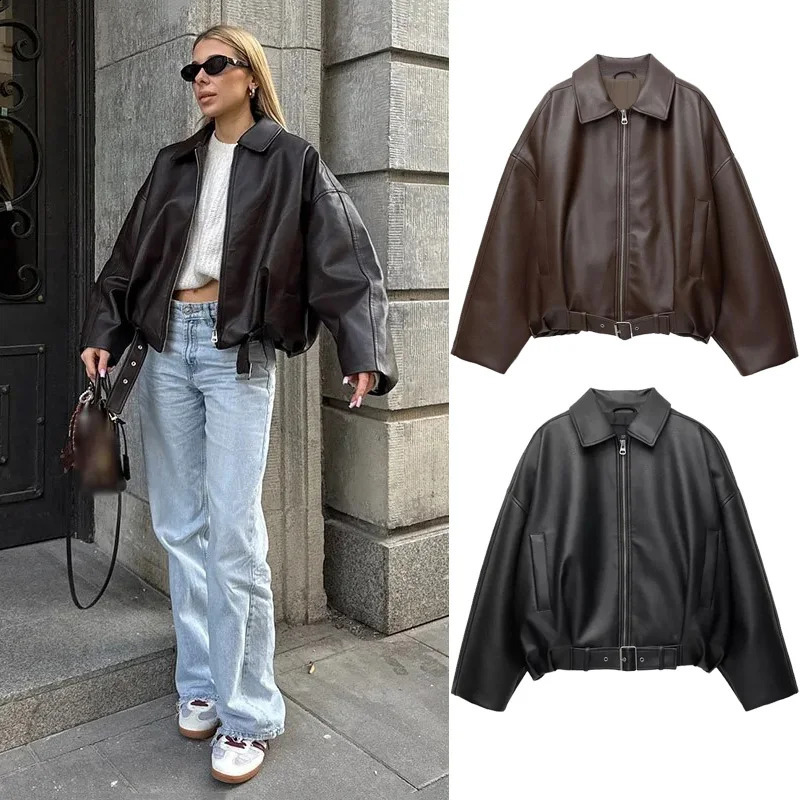Vintage PU Leather Bomber Jackets 2025 Autumn Ladies Zipper Lapel Long Sleeve Pocket Coat With Belt Womens Loose Streetwear 251018