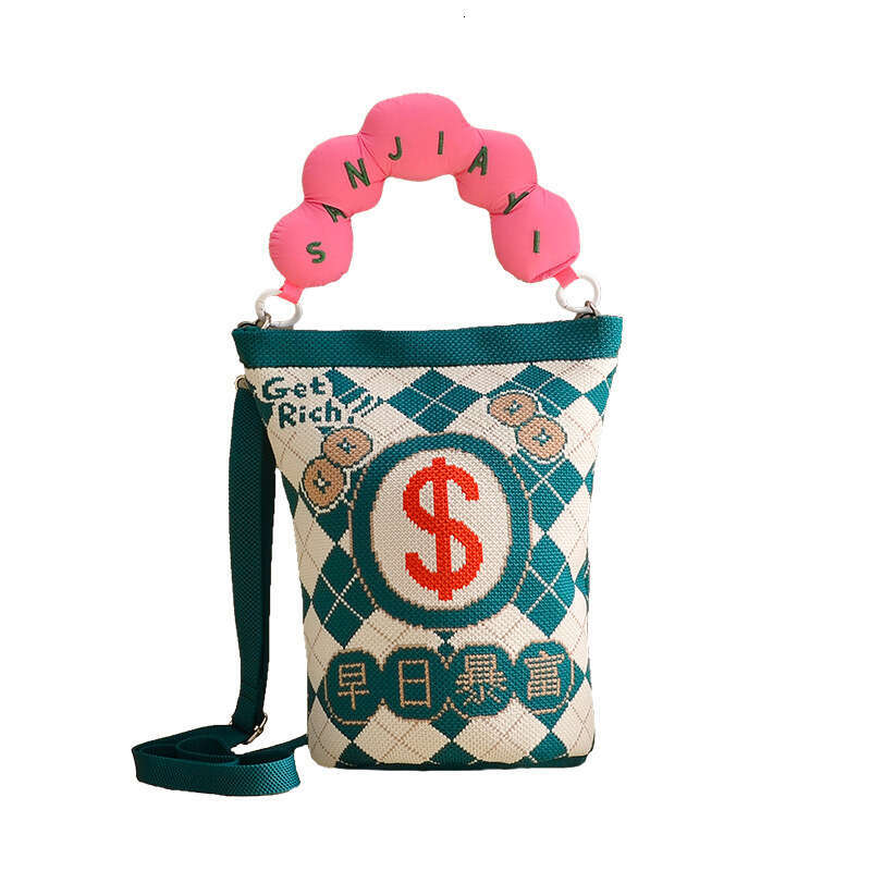 Hot Selling Flying Weave Cartoon Jacquard Bucket Crossbody Women's Fashion Knitted Commuter Phone Small Shoulder Bag