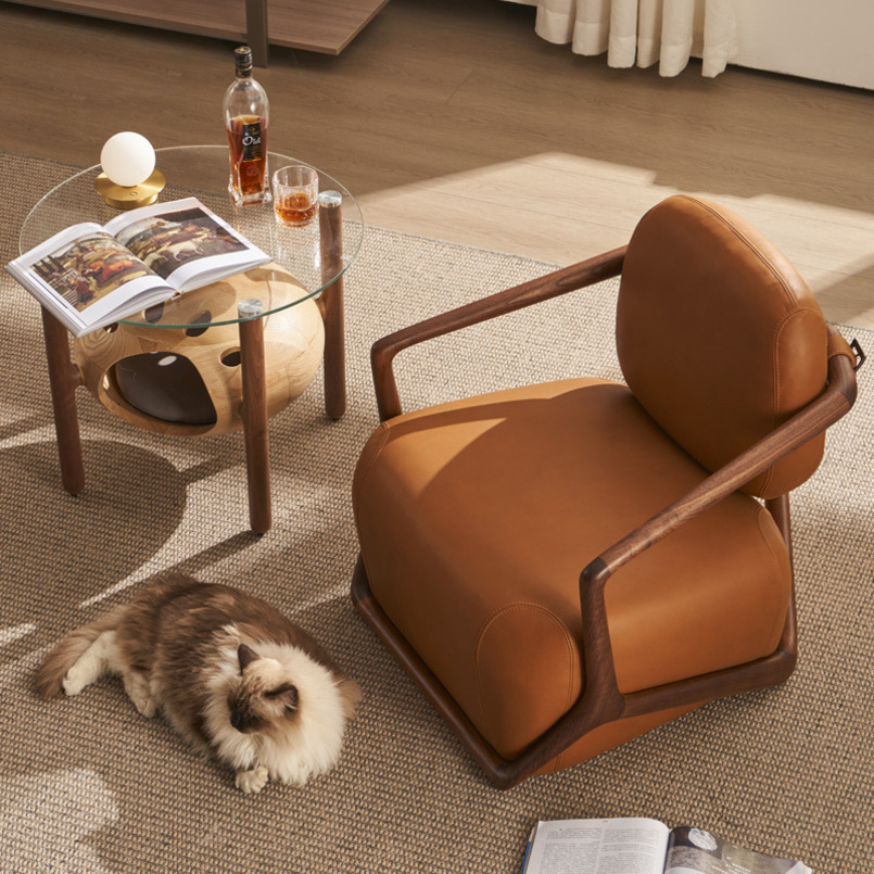 Customizable Black Walnut & Top Grain Leather Leisure Chair for Living Room Single Seat Salon Reception