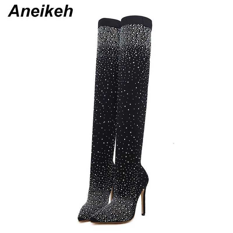 Aneikeh Sexy High Heels Sock OvertheKnee Boots Pointed Toe Design Crystal Rhinestone Stretch Fabric Pole Dancing Women Shoes W251024