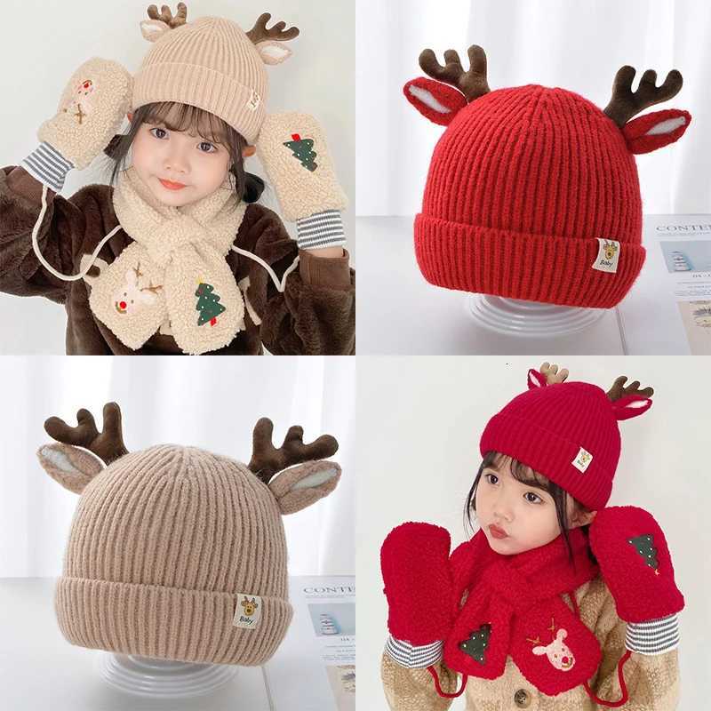 Kids Christmas Cap Cute Elk Ear Baby Beanies Cartoon Antlers Toddler Crochet Bonnet 14year Children Winter Warm Woolen Knit HatL251024