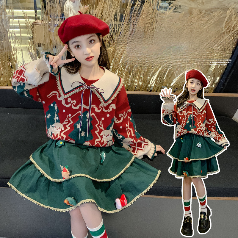 Girl Fashion Design Autumn/Winter Red Christmas Sweater Set New Fashionable Big Kids Winter Cake Skirt Two Piece Set