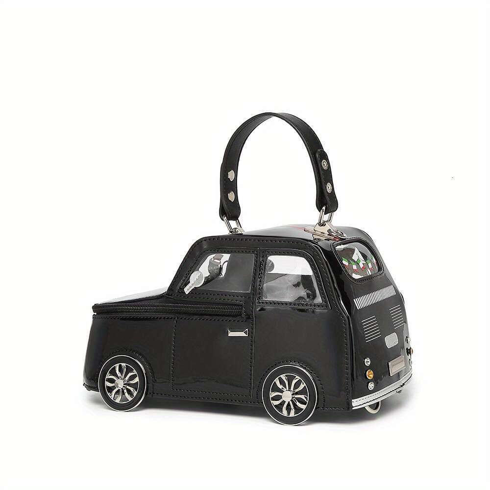 2025 New Wo 'S Vintage Car-Shaped Handbag - Cute 3D Cartoon Design With Removable Shoulder Strap, Zipper Closure Polyester Lining, Mixed Colors, 