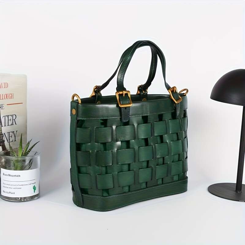 Brown Vintage Style Genuine Leather Woven Handbag For Women With Golden Accents, Zipper Closure, Polyester Lined, Shoulder & Handba